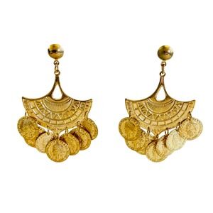 VTG Runway Byzantine Coin Earrings Bold Chunky Dangle Regal Retro 80s Statement